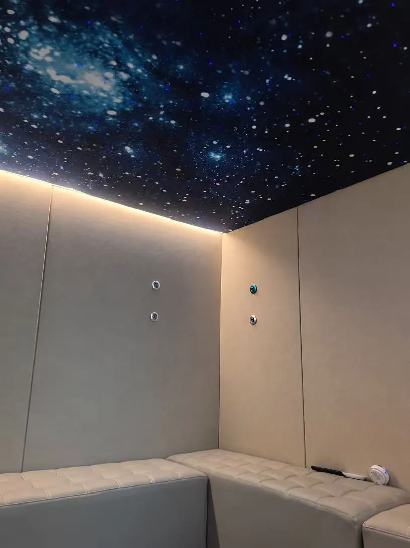 Interior ruang dengan tempat duduk dan langit-langit bermotif bintang